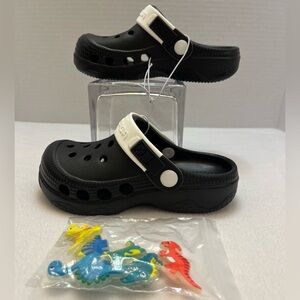 Kids Black & White Clogs with Dinosaur Charms 9-10